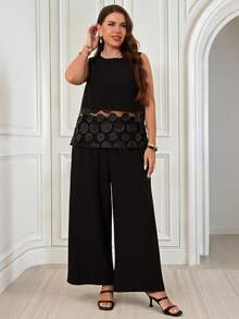 Miaspire Conjunto de suéter de cuello redondo con parches de encaje para mujer de talla grande - Negro - View 7