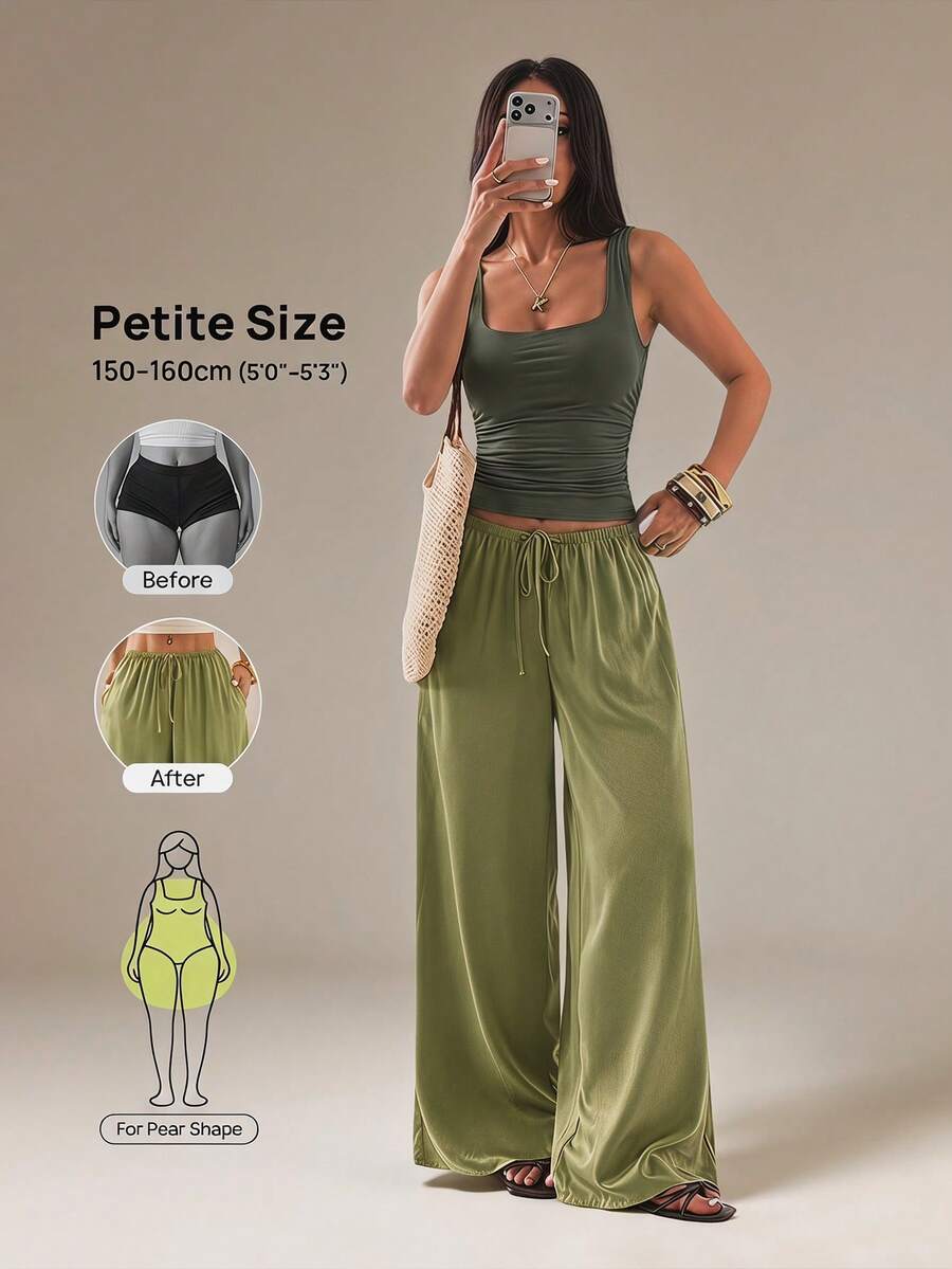 Vivamere Women's Drawstring Waist Casual Girlisim Wrinkle-Resistant Wide Leg Pants,Petite Women Golf Pastal Autumn