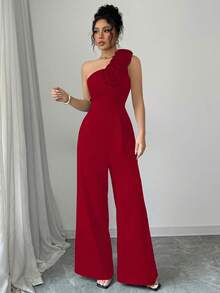 Women's Solid Color Jumpsuit With Asymmetrical Neckline, Sleeveless And With 3D Floral Print - 紅色 - 查看 4