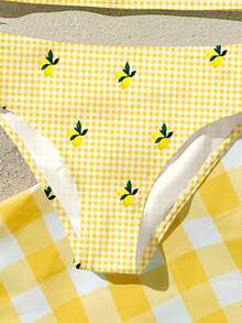 Vintage Creme Zitronenbaum Muster Gingham Muster Badeanzug Set, Lässiges Minimalistisches Camisole Und Bikini Unterteil, Geeignet Für Sommer Strandurlaub, Fotoshooting, Kleine Mädchen - Verschiedenfarbig - Übersicht 4