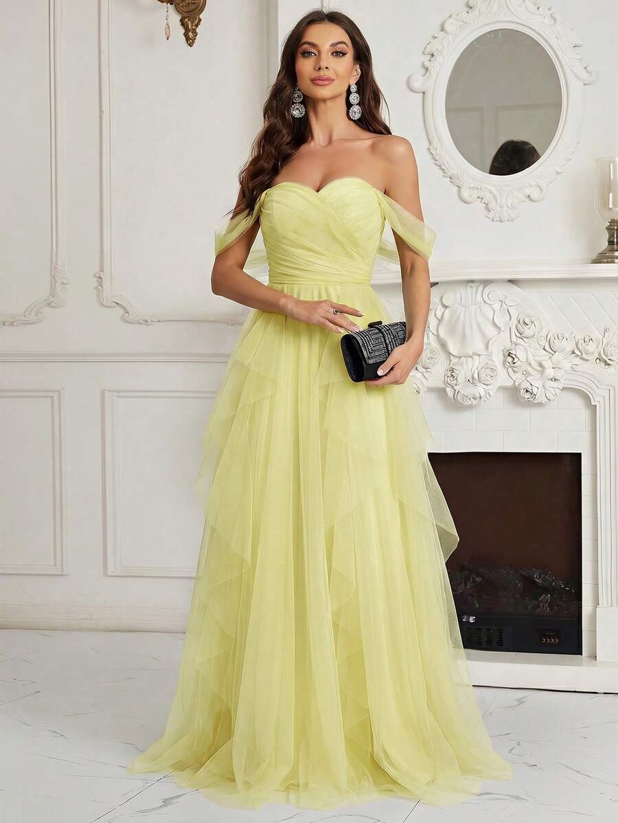 SHEIN Belle Vestido de dama de honor con hombros descubiertos, fruncido en el pecho, volantes asimétricos multicapa en el bajo - Amarillo - Ver 1