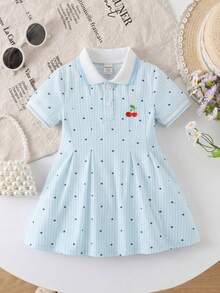 SHEIN 女嬰夏季簡約條紋愛心印花小櫻桃刺繡POLO領洋裝，適合外出、度假、玩耍與日常穿著 - 彩色 - 查看 4
