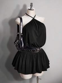 SHEIN ICON Plus Size Women's Solid Color Halter Neck Pleated Sexy Date Party Dress - Black - View 8