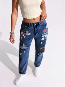 SHEIN EZwear 大码女式休闲时尚街头日常通勤趣味卡通印花破洞紧身牛仔裤 - 中等水洗藍 - 查看 4