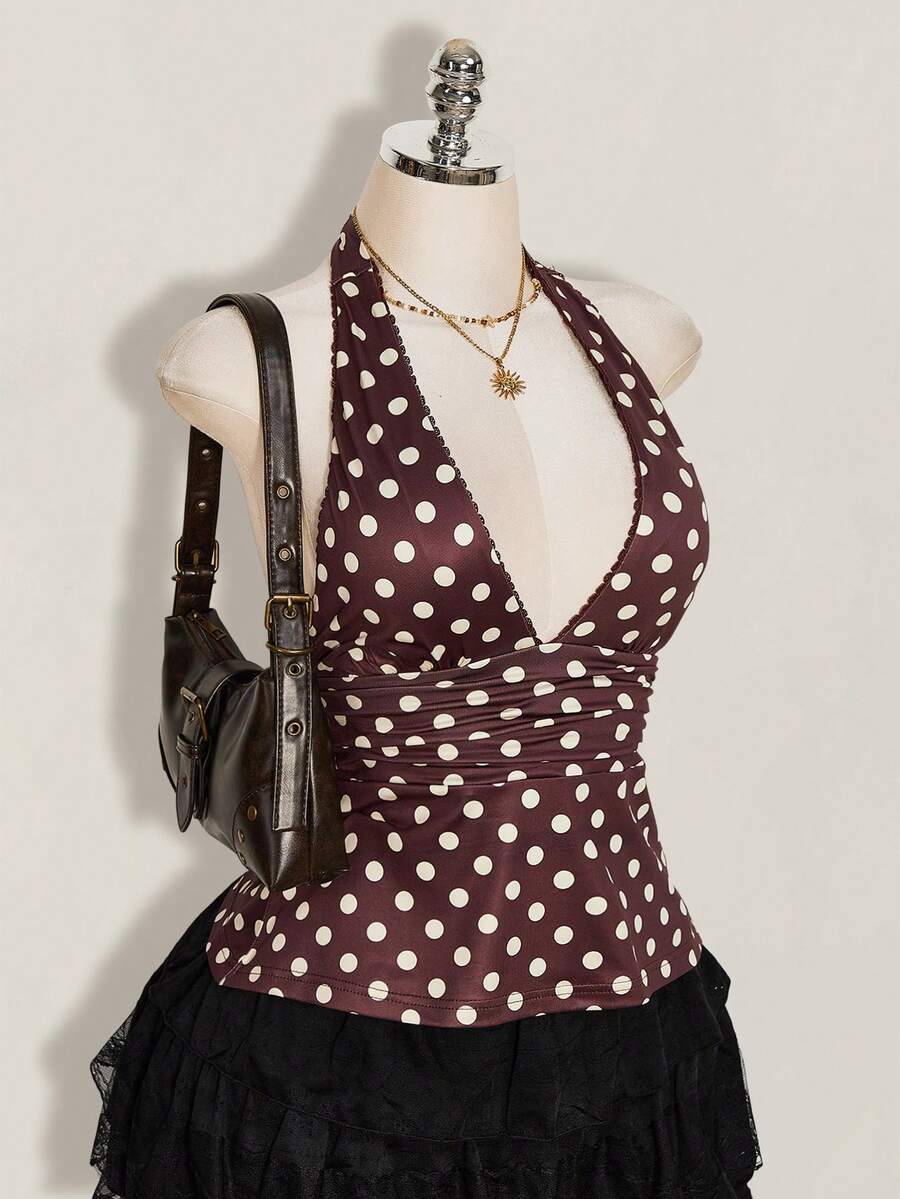 SHEIN ICON 掛脖深V領收腰A字版露背波點背心上衣 - 棕色 - 查看 1