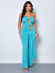 SOLERSUN Mono de verano 2026 para mujer, sexy, de color azul océano con recortes y fruncidos, de alta elasticidad. Elegante mono de una pieza con herrajes en forma de concha, sin tirantes, espalda descubierta, pantalones anchos de pierna larga. Mono de una pieza con recorte en forma de concha, sin tirantes, de Body ceñido y piernas anchas. Atuendo para fiesta en la playa, club, estética Y2K - Azul - Ver 8