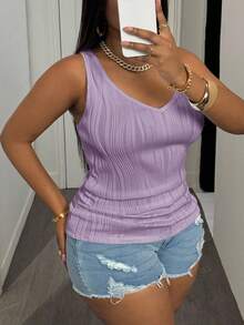 Slaydiva Plus Size Women's Casual Basic Tank Top, Deep V-Neck And Fine Ribbed Texture, White - Mauve Purple - View 4