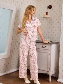 CottageSlumber Floral Print Sweet Ruffle Collar Cardigan Short Sleeve Women Pajama Set - Pink - View 6