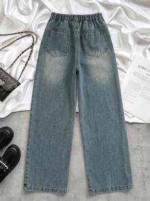 青少年女孩牛仔長褲，夏季新品，時尚休閒風格，淺色復古水洗工藝，彈性腰帶配可調節抽繩設計，直筒寬鬆版型，輕量柔軟牛仔面料製成，舒適親膚，時尚女孩必備，簡約休閒四季皆宜，適合日常拍照、購物、出遊、派對、音樂節、度假等多種場合，2026年新品青少年女孩牛仔長褲 - 淺色水洗藍 - 查看 2