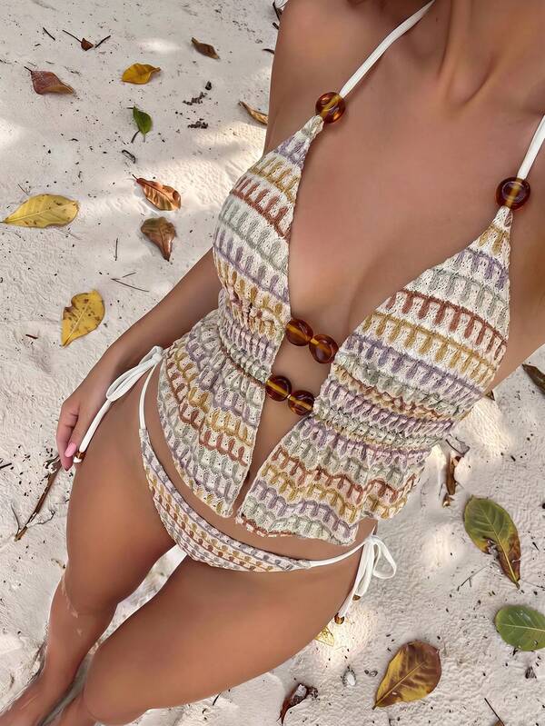 Swim Chiccia 2026 Nuevo Traje de Bikini para Mujer Verano Vacaciones Playa Elegante Tela de Textura Especial Multicolor Tirantes Finos Cuentas Espalda Descubierta Sexy Lazo Lateral Cuerda Camisola Tirantes Finos