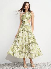 Aveloria Modichic Maxi Dress A-Line Cinch Waist Textured Fabric Halter Backless Side Waist Cutout Big Swing Elegant Boho Resort Style Pastel Green Vacation Summer Beach - Green - View 4