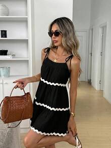 Easowa Đầm xòe dáng ô A nhiều lớp viền bèo nhún phối màu tương phản, dây vai thắt nơ, phong cách vintage thanh lịch thoải mái, đầm đi làm đi chơi mùa hè cho nữ - màu đen - Xem 1