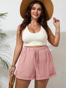 SHEIN VCAY Pantalones cortos de talla grande de unicolor con dobladillo enrollado y cordón - Rosa - Ver 3
