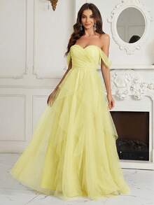 SHEIN Belle Vestido de dama de honor con hombros descubiertos, fruncido en el pecho, volantes asimétricos multicapa en el bajo - Amarillo - Ver 4