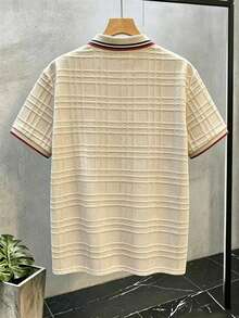 Daypath Men's Knitted Jacquard Textured Ribbed Collar 3-Button Polo Shirt, Formal - Apricot - View 2