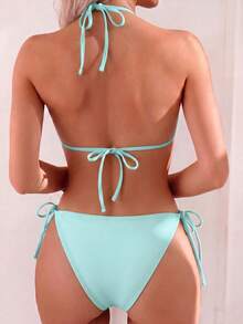 Oceva Spring Summer Beach Solid Color Sexy Cut Out Halter Neck Tie One Piece Swimsuit - Mint Green - View 2