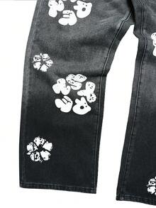 Manfinity EMRG Men's Street Gradient Washed Floral Print Loose Straight Leg Wide Leg Jeans - Black - View 5