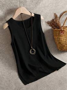 SHEIN LUNE CURVE Camiseta de tirantes de unicolor informal de talla grande, verano - Negro - Ver 5