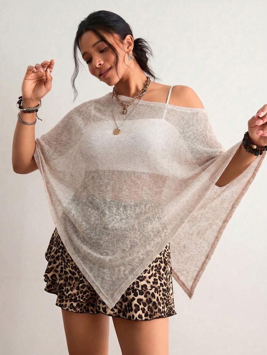 Freevana 波希米亞復古卡其色鏤空針織上衣,露肩寬鬆蝙蝠袖罩衫,休閒日常層次穿搭外套罩衫 - 杏色 - 查看 1
