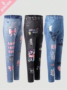 Leggings multicolor con efecto denim, estampado de grupo de chicas, letras y lazo para niña joven - Multicolor - Ver 3