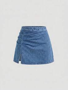 SHEIN MOD 女士休闲百褶牛仔迷你裙，适合夏季日常通勤 - 藍色 - 查看 1