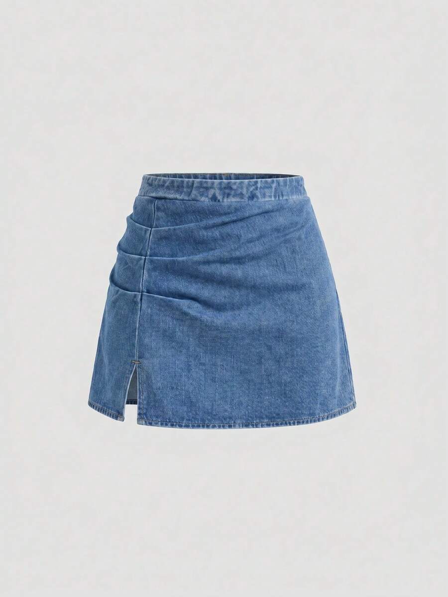 SHEIN MOD 女士休闲百褶牛仔迷你裙,适合夏季日常通勤 - 藍色 - 查看 1