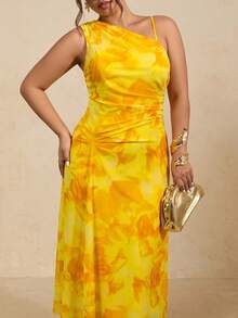 Levarali Gaun Kasual Elegan Berwarna Kuning dengan Motif Cetak dan Bahu Asimetris - MultiWarna - View 3