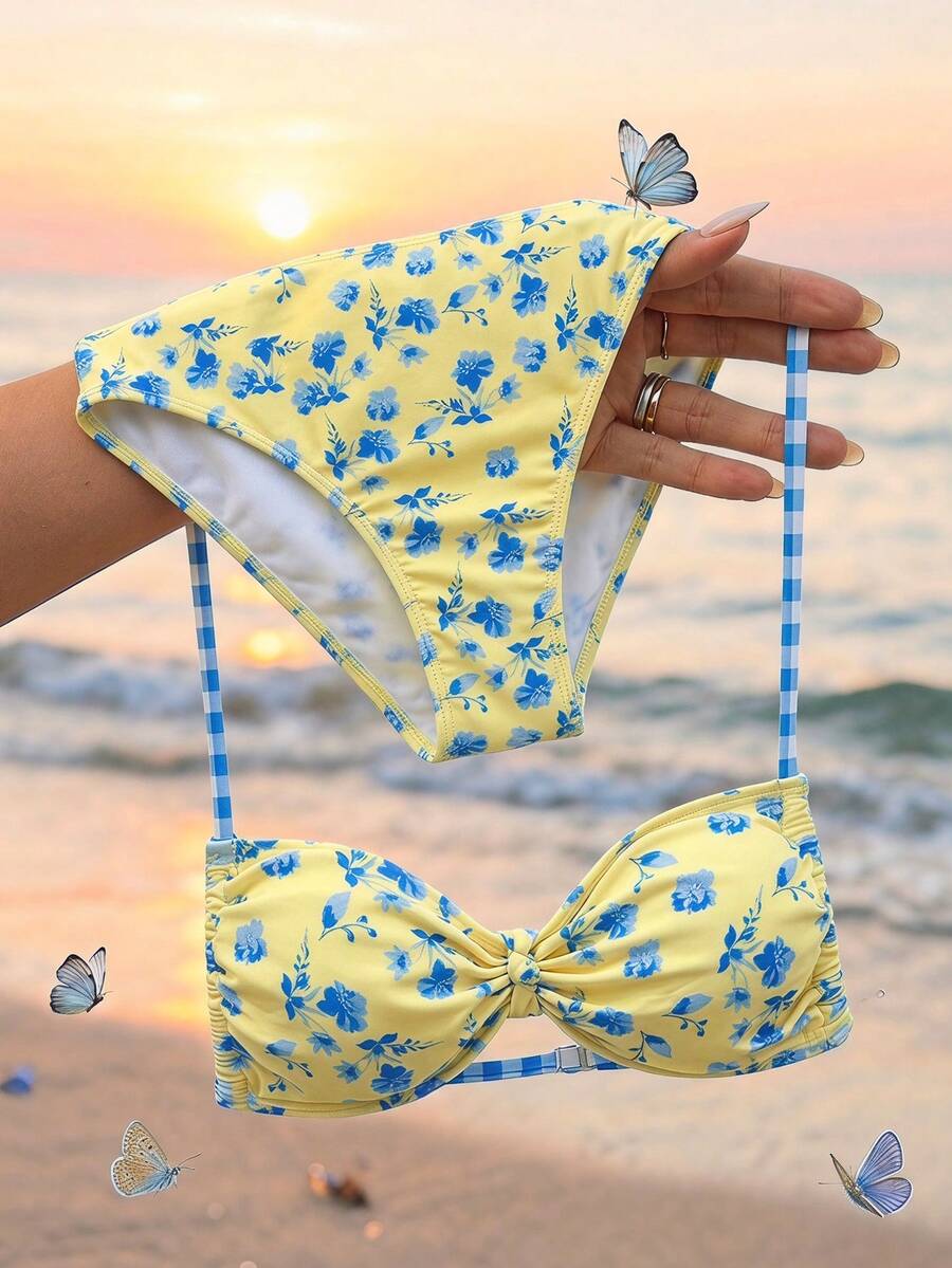 SHEIN Teen Girl Summer Beach Vacation Floral Patchwork Plaid Print Halter Tankinis Swimwear - Multicolor - View 1