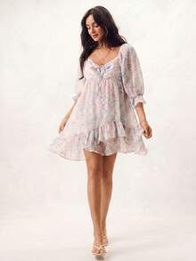 Willow Rêve Women's White And Blue Floral Chiffon Asymmetrical Double Ruffle Hem Dress, Holiday/Travel Style, Tea Party Vacation Garden Picnic, Boho Casual - Baby Blue - View 1