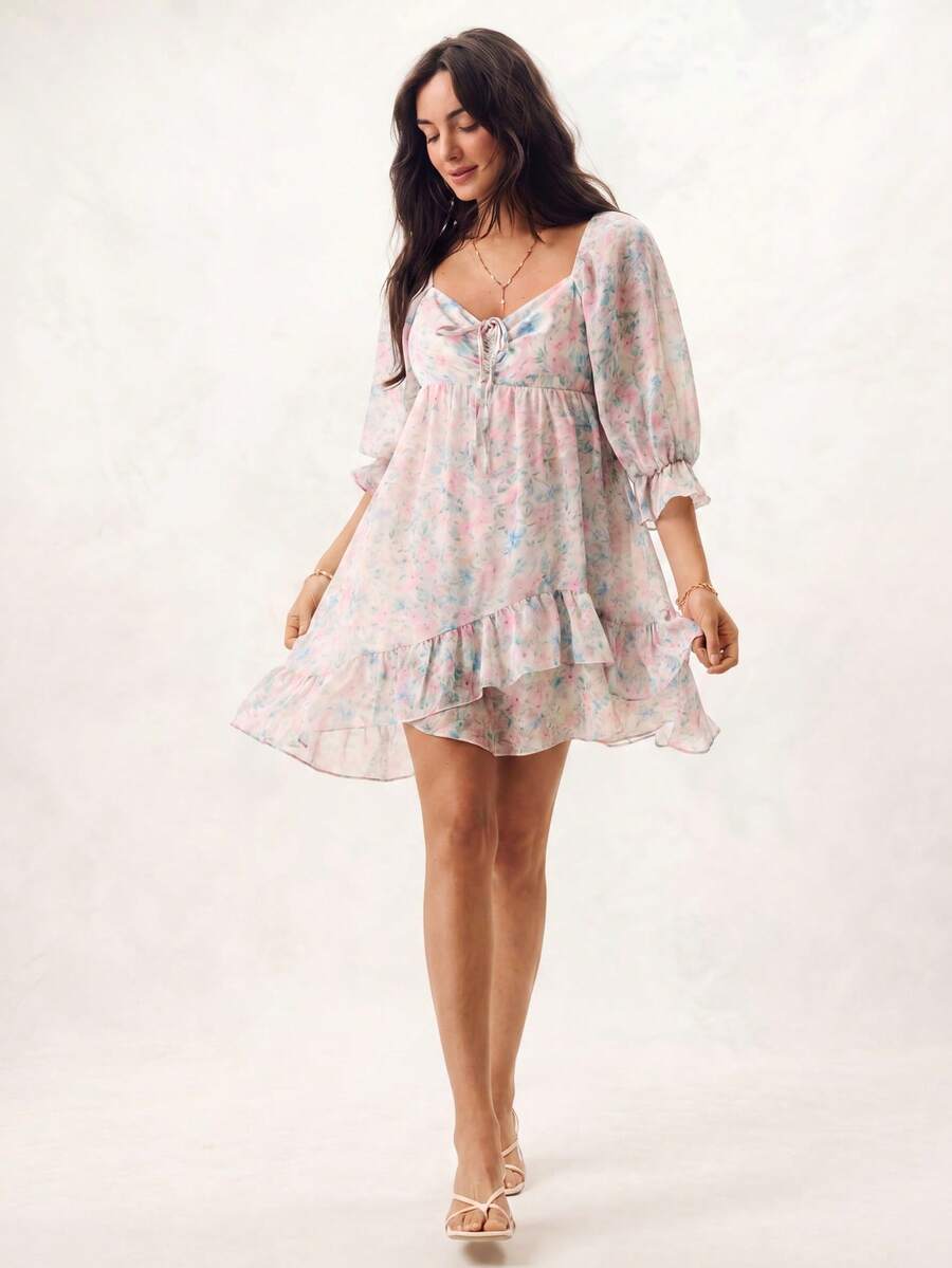 Willow Rêve Women's White And Blue Floral Chiffon Asymmetrical Double Ruffle Hem Dress, Holiday/Travel Style, Tea Party Vacation Garden Picnic, Boho Casual - Baby Blue - View 1