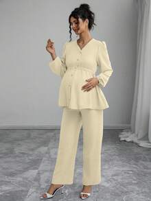 Momance Bộ đồ bầu 2 món, áo cardigan tay dài nhún bèo cài nút trước với thiết kế nhún eo, quần ống rộng thoải mái - Màu be - Xem 4