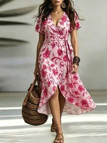 Linhara CURVE Vestido largo con estampado de lunares y cintura anudada para vacaciones y ocio, talla grande para mujeres - Multicolor - Ver 1
