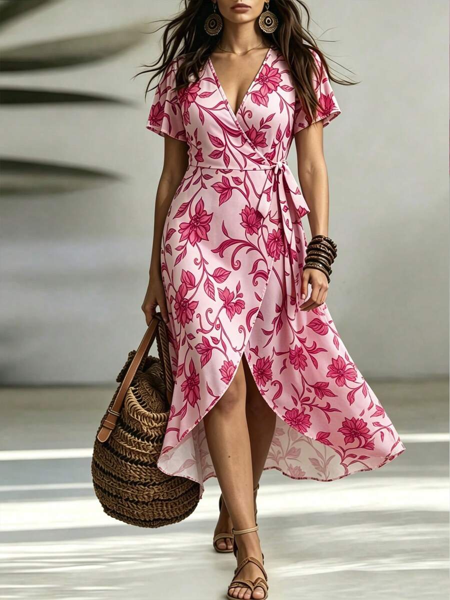 Linhara CURVE Vestido largo con estampado de lunares y cintura anudada para vacaciones y ocio, talla grande para mujeres - Multicolor - Ver 1