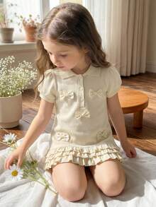 SHEIN Vintaside Kids 女嬰夏季領口短袖時尚簡約優雅蝴蝶結裝飾洋裝，適合夏季露營、野餐、幼兒園、學校或家庭聚會與派對 - 杏色 - 查看 5