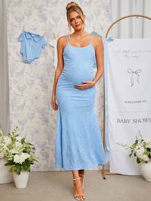 Loomaby Vestido elegante de tirantes finos con encaje floral y bajo de cola de pez para maternidad - Azul - Ver 12