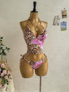 Soleia Set Baju Renang Tankini Wanita Musim Panas Motif Bunga Leopard untuk Pantai - MultiWarna - View 8