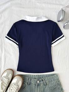 SHEIN Áo thun POLO trẻ em nữ tuổi teen phong cách casual preppy, màu xanh royal phối cổ trắng, dệt kim colorblock, ôm eo, thêu logo nhỏ, tay áo đính ruy băng trang trí, áo top cho bé gái đi học lại - Màu xanh hải quân - Xem 2