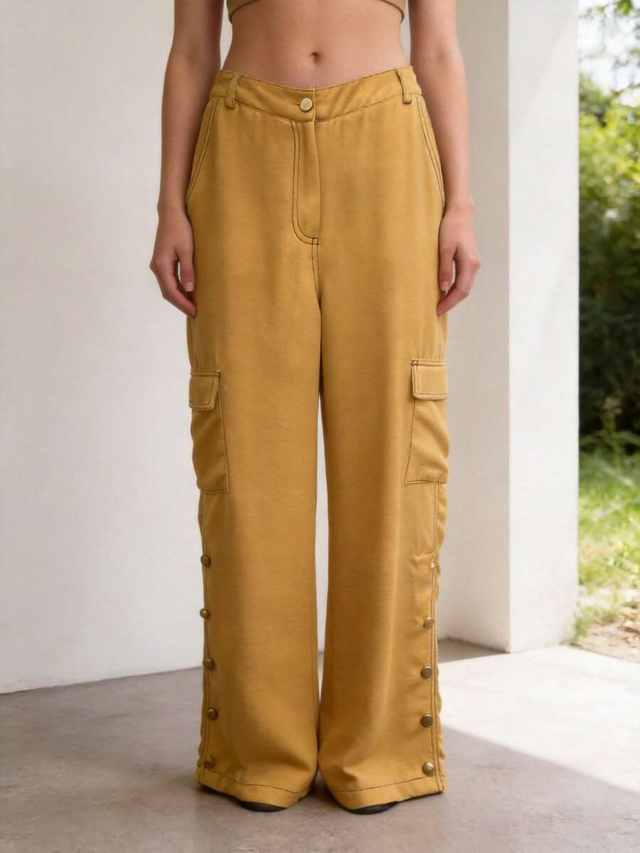 Pantalon ancho de mujer - Amarillo - Ver 1
