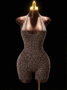 Mistrie Bộ jumpsuit liền thân không đường may họa tiết da báo phong cách casual dã ngoại cho nữ, màu nâu, bodysuit thể thao - Cà phê nâu - Xem 1