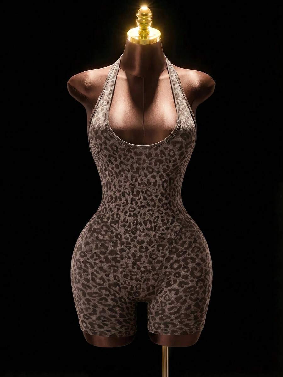 Mistrie Bộ jumpsuit liền thân không đường may họa tiết da báo phong cách casual dã ngoại cho nữ, màu nâu, bodysuit thể thao - Cà phê nâu - Xem 1