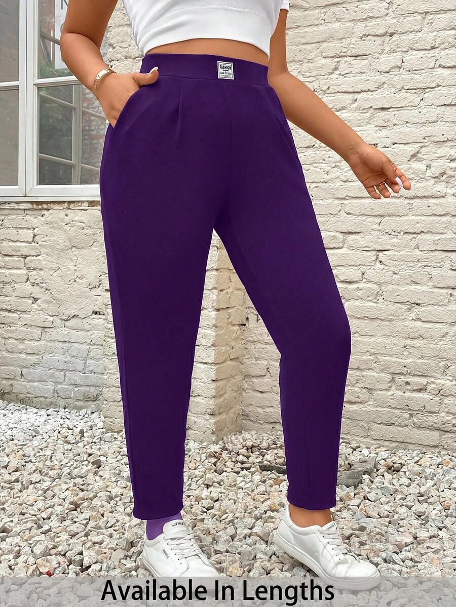 SHEIN PETITE CURVE 女款大尺碼純色高腰休閒長褲 - 紫色 - 查看 1
