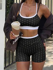 Sovereign Charm Women's Polka Dot Print Cropped Tank Top And Fitted Shorts Sports Set - Black and White - View 2