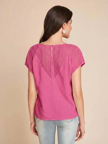 Amorya White Lace Crochet Textured Button Back V-Neck Blouse - Hot Pink - View 2