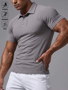 GymBeat Kaos Polo Olahraga Lengan Pendek Rajut Bergaris untuk Pria, Cocok untuk Kebugaran, Lari, Bersepeda, dan Gym - Grey - View 6