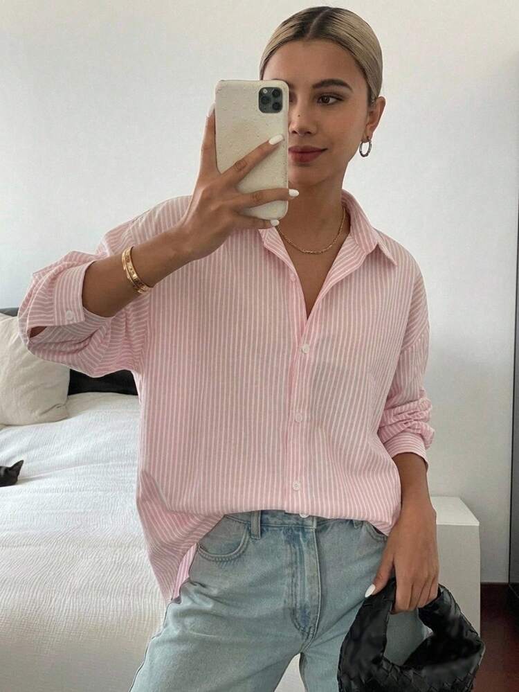 DAZY Striped Drop Shoulder Shirt,Fall Clothes Long Sleeve Top - Baby Pink - View 12