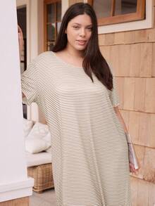 Doze Lane Classic Striped Frill Trim Backless Short Sleeve Casual Loose Dress, Plus Size Nightgown - Multicolor - View 1