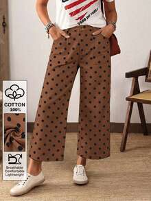 EMERY ROSE Plus Size Polka Dot Pattern Pocket Decor Straight Leg Jeans - Coffee Brown - View 1
