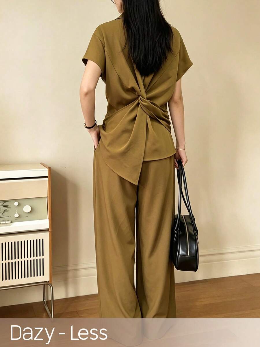 Livesso Dazy-Less 女款背部打結素色圓領上衣與寬腿褲休閒兩件套 - 黃色 - 查看 1