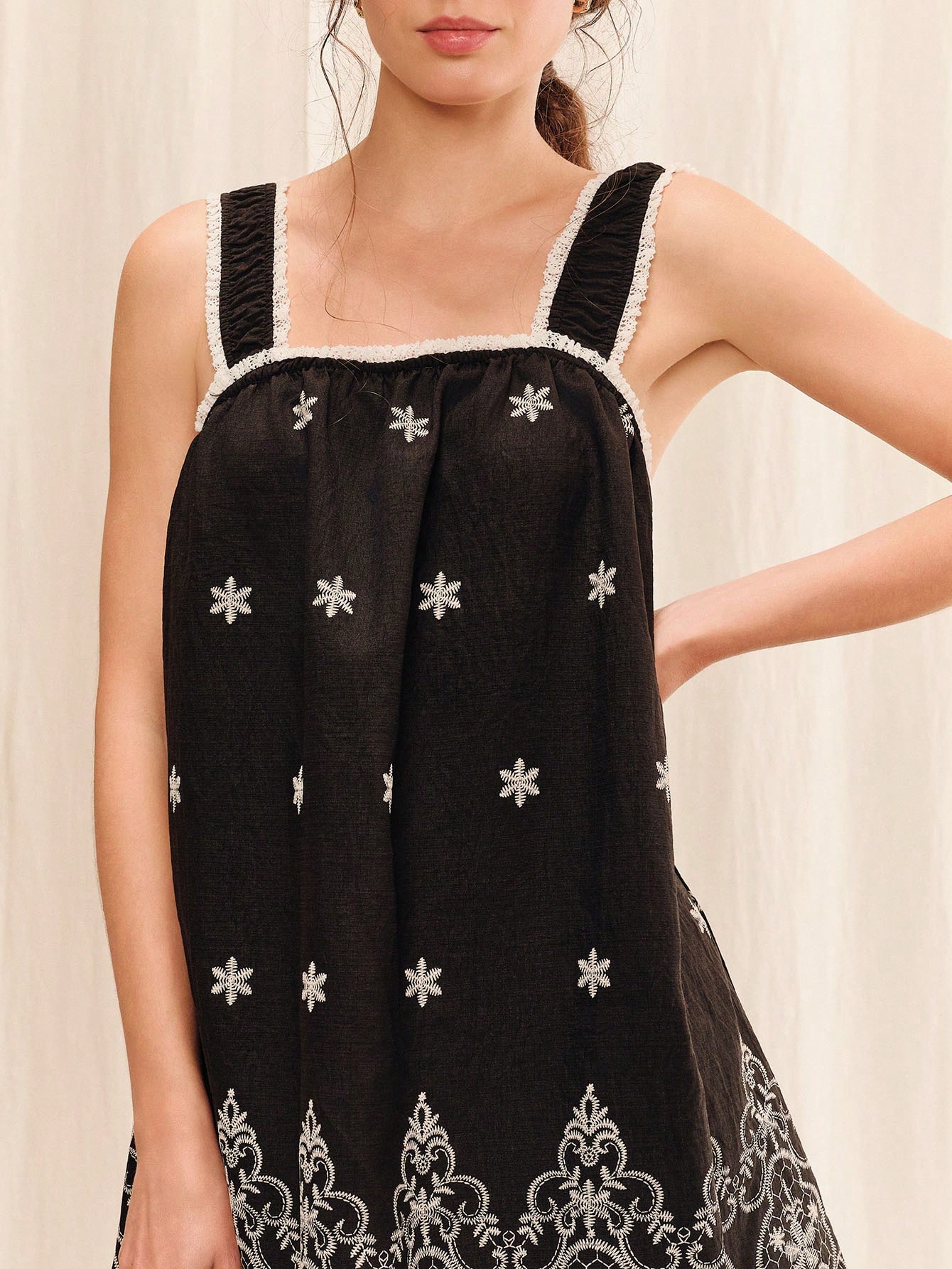 Black Loose Fit Mini Dress With White Embroidery And Ruffled Straps Summer Holiday Casual Boho Dress