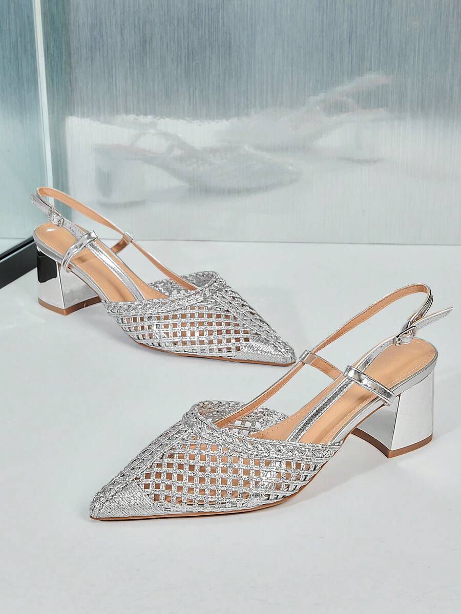 SHUZIA Women's Elegant Women PU Sling-Back Block Heel Pumps - Silver - View 1